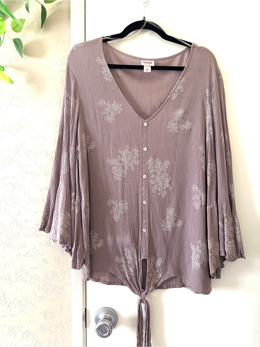 Button-Front Tie-Hem Blouse - Size XXL- Mauve- Mossimo Supply Co. Bell Sleeves